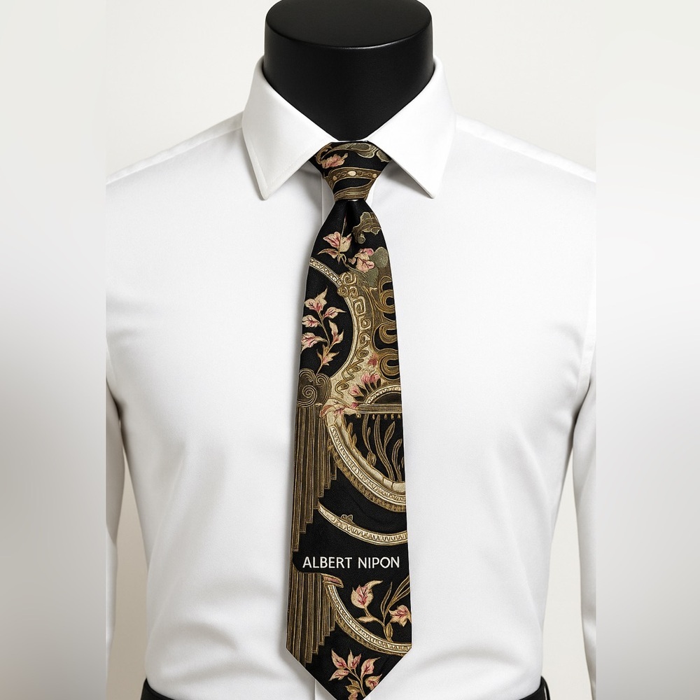 Albert Nipon 100% Silk Tie Vintage Baroque Floral Pattern Black Gold Green 58”
